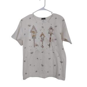 Vintage Birdhouse Print Blouse M Boho Cottagecore Grandmacore Made in the USA